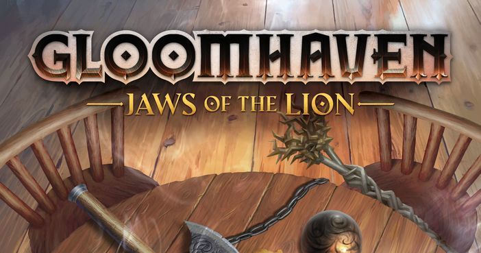 Box art for Gloomhaven: Jaws of the Lion, showing the game's stylized logo over two crossed weapons on a wooden tavern table