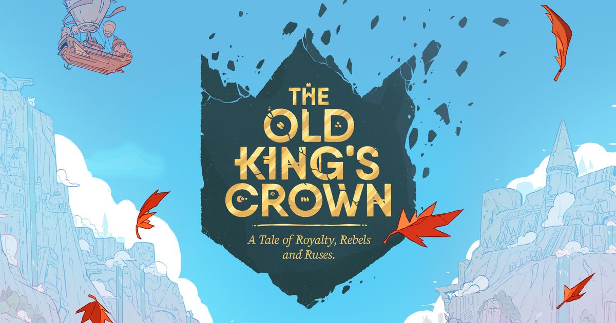 Cover art for The Old King's Crown, showing a shattered blue crown-shaped island floating against a pale sky, with fantasy castle spires visible below
