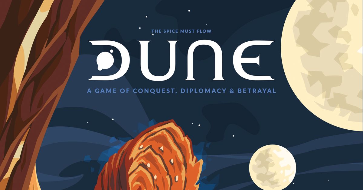 Cover art for the Gale Force Nine edition of Dune, showing minimalist white logo text over a stylized desert dune landscape at dusk