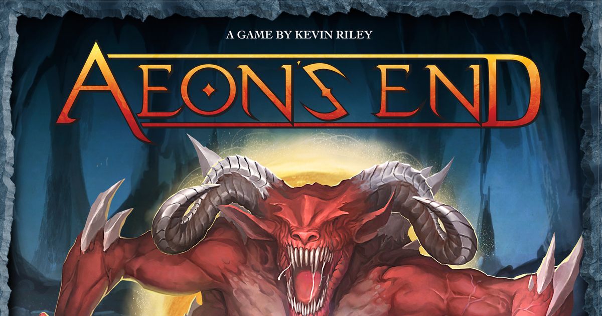 Box art for Aeon's End, showing a monstrous horned demon looming over a title treatment done in orange and red fire tones