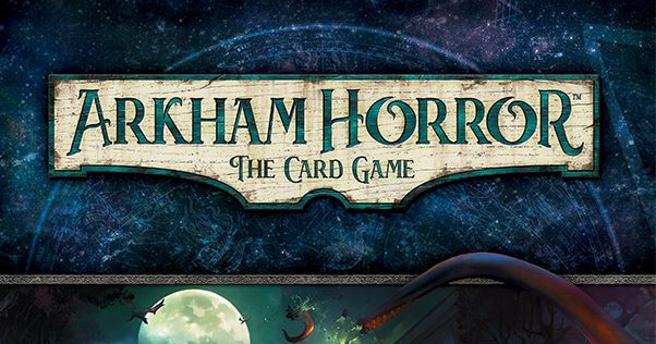 Box art for Arkham Horror: The Card Game, showing the game's ornate logo over a moonlit scene with a bat silhouette and a menacing red-eyed figure below