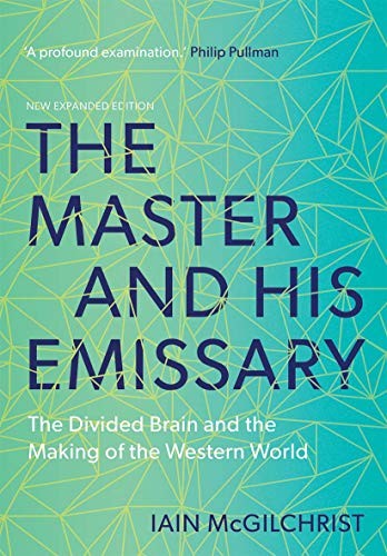 Cover of The Master and His Emissary by Iain McGilchrist, teal background with a triangular geometric mesh pattern behind the title text